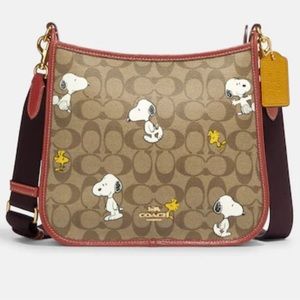 Coach X Peanuts Dempsey File Bag In Signature Canvas With Snoopy Woodstock Print